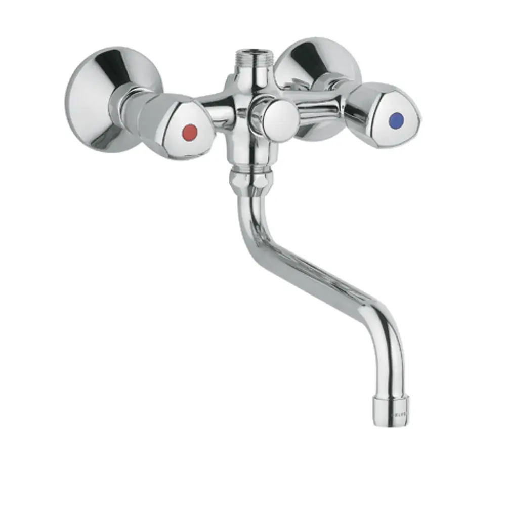 Chromfarbener Wasserhahn von Kludi mit zwei Separatbedienungen für Warm- und Kaltwasser und schwenkbarem Auslauf. Ideal für Wandmontage in Badezimmer oder Küche.